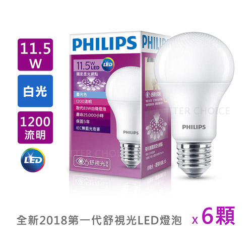 PHILIPS飛利浦 11.5W LED廣角燈泡 白光 6入組