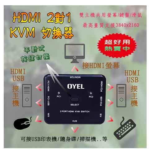 4K2K HDMI 二對一 KVM 手動式 切換器【2電腦共用1螢幕鍵盤滑鼠】