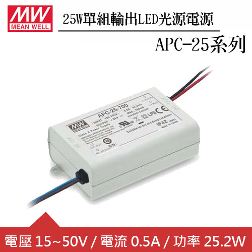 MW明緯 APC-25-500 單組0.5A輸出LED光源電源供應器(25W)