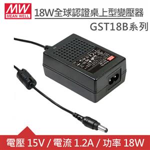 MW明緯 GST18B15-P1J DC15V 1.2A 18W工業用2P變壓器