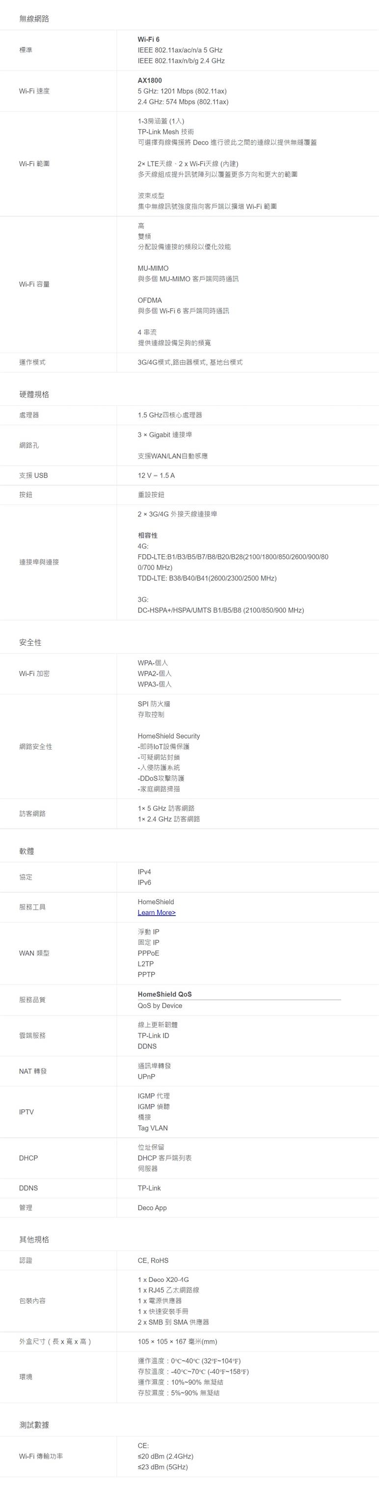 TP-LINK Deco X20-4G(EU) 版本:1 4G+ AX1800 完整家庭 WiFi 6 系統