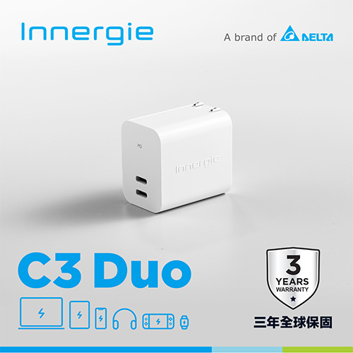 台達Innergie C3 Duo【摺疊版】30瓦 USB-C 雙孔萬用充電器｜支援PD/QC快充