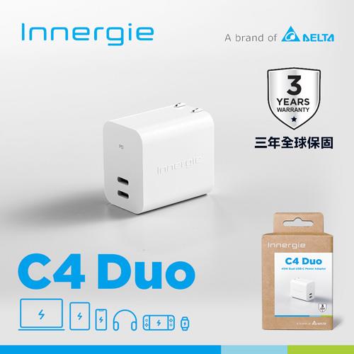 台達Innergie C4 Duo【摺疊版】45瓦 USB-C 雙孔萬用充電器｜支援PD/QC快充