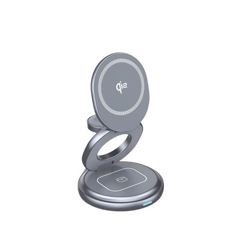 Timo Qi2 15W 旋轉摺疊三合一旅行磁吸無線充電器 TM-ST001 石磨灰