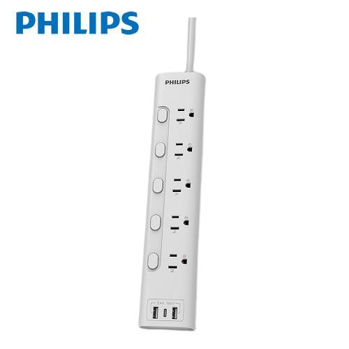 PHILIPS飛利浦 新安規 5開5插 3.4A 2USB+Type C延長線1.8米 (白色) CHP4756WA/96