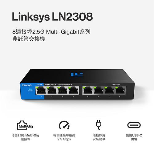 Linksys 8-Port 2.5G Multi-Gigabit 非網管型交換器(LN2308-AH)