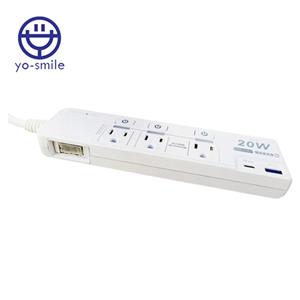yo-smile TC-81PLC-6 3P-4開3插智慧快充延長線1.8M 20W 2埠