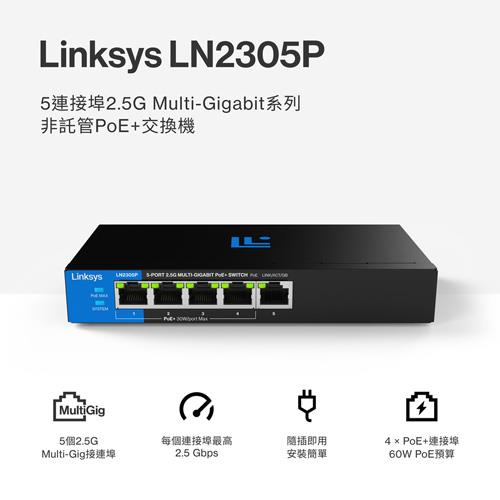 Linksys 5-Port 2.5G Multi-Gigabit 非網管POE交換器(LN2305P-AH)
