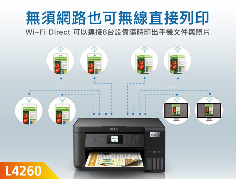 無須網路也無線直接列印WiFi Direct 可以連接8台設備隨時印出手機文件與照片L4260EPSON